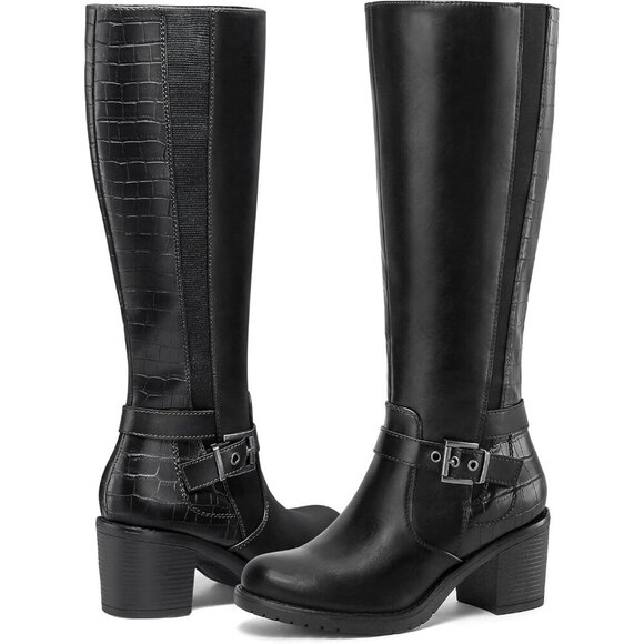 Women's Knee High Boots Chunky Block Heels Side Zipper Stretchy Elastic Panels - Picture 3 of 6